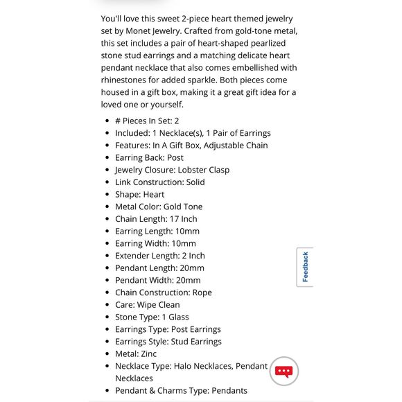 NEW Monet Jewelry Gold Tone Womens Pink Glass Heart 2-pc. Jewelry Set - Picture 4 of 4